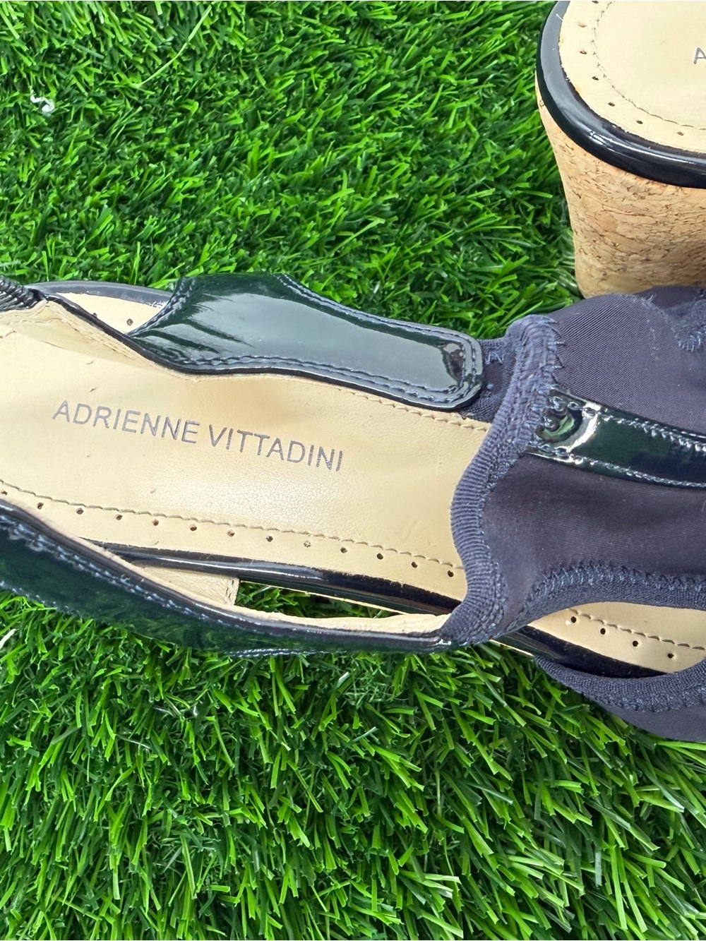 Adrienne Vittadini Collyn Navy Blue Cork Wedge Sandals Patent Trim 8M - Picture 4 of 8